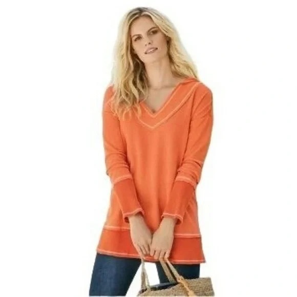 Soft Surroundings Oasis Hooded Terrycloth V-Neck Pullover Top - Picture 2 of 14